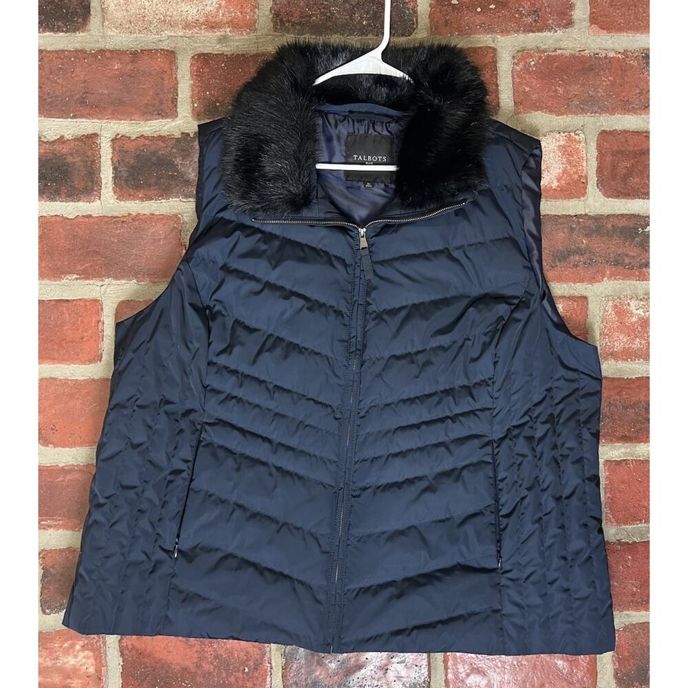 TALBOTS Dark Navy Blue Quilted Down Puffer Vest Faux Fur Removable Collar 3X